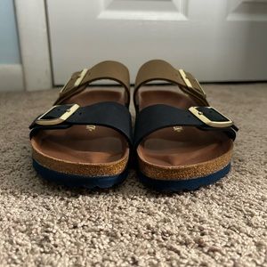 Two-Tone Navy Blue and Tan Birkenstock Arizona Sandals